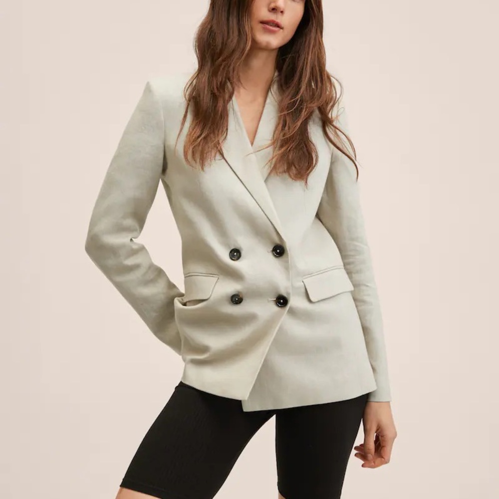 Mango 100% Linen Double Breasted Blazer in Light/Pastel Grey NWT